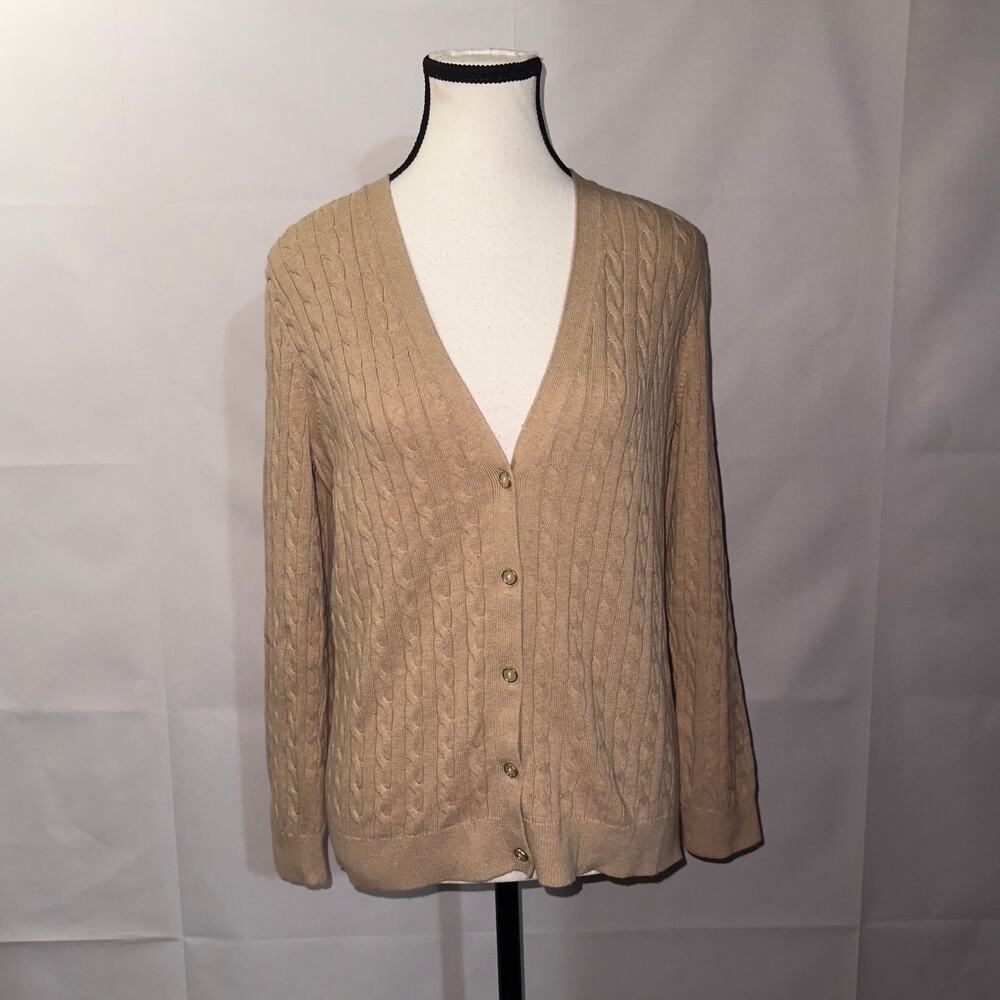 Lands end tan button down long sleeve sweater women’s size medium petite(10-12)